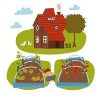 Farm Scene with Country house, Female Farmer, Summer Rural Landscape and garden bed. Gardening and Farming Concept. Cartoon Flat Vector Illustration