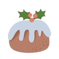 Traditional Christmas Pudding with with red holly berries. Hand drawn flat vector illustration isolate on a white background. Vector flat hand drawn Illustration. Only 5 colors - Easy to recolor.