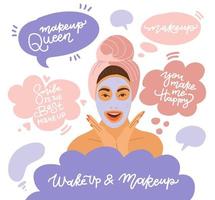 A young girl wrapped in a towel, with a towel on her head, with a cosmetic mask on her face. Makeup queen. Smile is the best makeup. You make me happy. Vector flat illustration.