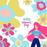 International Happy Women's Day greeting card or banner with young women and big abstract flowers. Vector flat hand drawn Illustration with lettering.