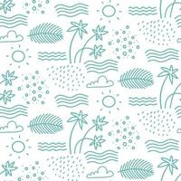 Linear monochrome seamless summer pattern for Wrapping paper. Cute doodle summer pattern with palm tree and waves. Vector illustration and element for your design.