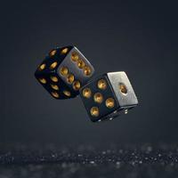 Two black dice are falling on a dark gray background. photo