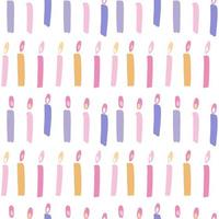 Birthday cake candles seamless pattern. Presents and gifts festive wrapping paper. Multicolor burning candles with stripes ornament. Celebration, greeting postcard backdrop. Flat hand drawn vector