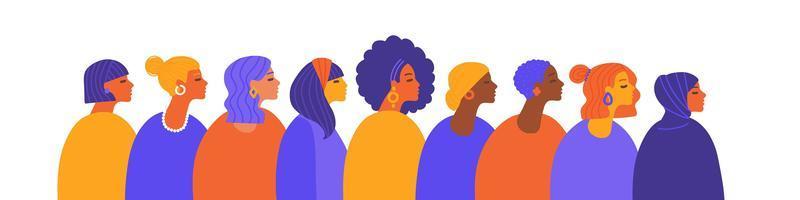 Female diverse faces, different ethnicity and hairstyle. Woman empowerment movement. Girl power. Happy International Women s day. Vector flat illustration, banner or poster.