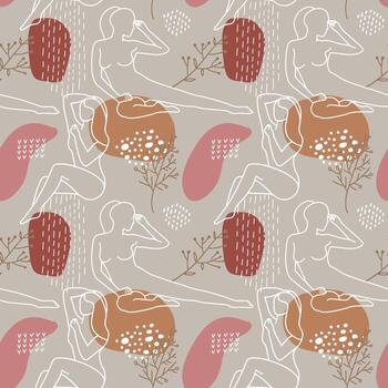 fondo abstracto de patrones sin fisuras. textura repetitiva colorida para tela textil o papel impreso. diseño lineal moderno con plantas estilizadas, hojas, silueta de mujer y elementos geométricos. vector