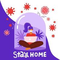 Coronavirus outbreak concept. A girl sits in a meditation pose with laptop under a glass cap. Covid-19 virus in air. Staying home with self quarantine. Protect from viruses. Vector flat illustration