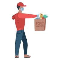 Young man wearing a medical mask and medical gloves to prevent the spread of the corona virus. Person going from the supermarket and holding grocery products in a bag. courier holds out a grocery bag vector