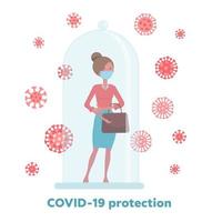 COVID-19 quarantine, restriction, keep out or protection concept, 2019-nCoV Coronavirus pathogens moving and cannot get into restricted quarantined area with woman in protective tube. Flat vector