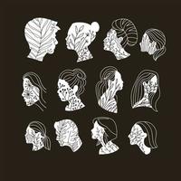 Set of Woman s and Man s Faces. Vinimalist linear collage. Abstract contemporary fashion floral elements in black and white colors, outline vector illustration. Female profile silhouette.