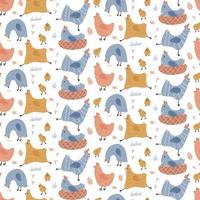 Seamless pattern with cute hens. Color creative baby texture with chickens and eggs. Vector illustration in flat childish style,