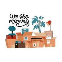 Cardboard boxes with various corporate furniture, things, plants. Office relocation concept. Stack of paper pack with documents. Lettering quote. Vector hand drawn flat style illustration