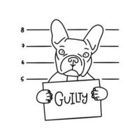 Guilty concept. Bulldog Bad boy. Dog with sign in the paws in prison. Police mugshot background. Bulldog criminal. Arrested dog. Linear Vector illustration.