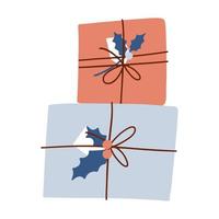 Christmas gifts. Two gift boxes wrapped in paper, bandaged with ribbon, decorated with red berries. Preparing for celebration eve. Vector flat hand drawn Illustration. Only 5 colors - Easy to recolor.