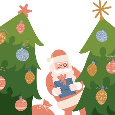 Santa Claus looking out from behind the green decorated fir trees. Christmas background for banners and greeting cards. Old Character holding a gift. Vector flat hand drawn illustation.