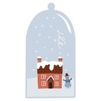 Winter snowglobe card. Cute Glass globe with snow. Vector flat illustration with cozy house abs snowman. Christmas holidays isolated concept. Scandinavian style.