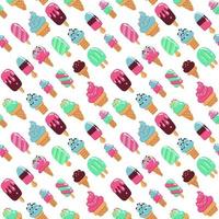 Vector trendy seamless pattern with many sorts of ice cream. Modern summer fashion print background. Hand drawn Childish flat bright vector illustration.