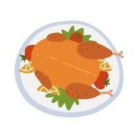 Baked Thanksgiving or Christmas turkey with vegetables. Top view flat vector illustration isolated on transparent background.