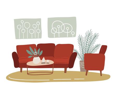 Scandinavian interior of retro living room. Cozy home apartment furnished in trendy scandic hygge style - red sofa, armchair, wall pictures, green houseplants . Flat hand drawn vector illustration.