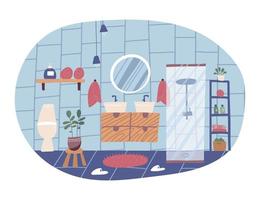 interior de baño moderno con cabina de ducha, espejos y lavabos, accesorios. concepto aislado en forma abstracta. ilustración de vector de estilo escandinavo plano