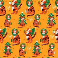 Seamless pattern for year of the tiger 2022. Pattern in hand draw flat style. Tiger with Christmas tree and gifts. Flat vector illustration.