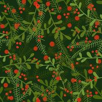 New year seamless pattern with leaves and red berries. Christmas hand drawn wrap paper design. Flat vector illustration.