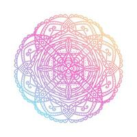 Round gradient mandala on white isolated background. Vector boho mandala in blue, yellow and pink colors. Mandala with abstract patterns. Yoga template