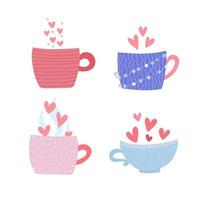 Pastel color mug set. Four cups with hearts and steam. Vector flat isolated Illustration on white background.