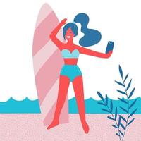 Beautiful girl making selfie with surf board on beach with palm leaves, sun. Summer vacation. Woman in swimsuit with mobile phone. Modern flat vector illustration