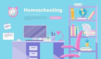 Homeschooling vector illustration inflat cartoon style. Education online and home office conceptual poster, banner, landing. Workplace in home interior with books, pencils, desk lamp, table, shelf, pc