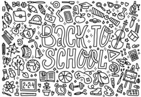 Cartoon cute doodles Back to School word. Black and white horizontal illustration. Background with lots of separate objects. Funny vector artwork. Concept of education with school supplies , lettering