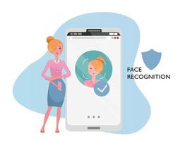 concepto de identificación facial. mujer con teléfono móvil, rostro femenino en la pantalla grande del teléfono inteligente. reconocimiento de personalidad en aplicación móvil, teléfono móvil moderno con sistema de seguridad. ilustración vectorial de dibujos animados plana vector