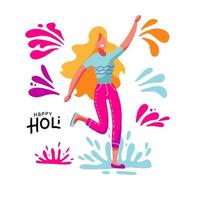 Blond young woman having fun throwing colorful splashes on the spring festival of Holi. Template for invitation poster. Vector illustration in flat cartoon style