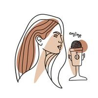 The woman host broadcasts the online podcast into the microphone. Female face in profile speaking in mic. Recording studio concept. Flat linear vector illustration.