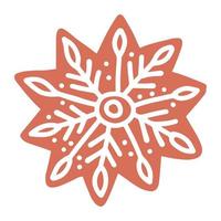 Gingerbread snowflake cookie. Traditional Christmas baking with glaze drawing. Winter homemade Holiday symbol. Isolated clipart element. Vector flat Illustration. Only 2 colors - Easy to recolor.