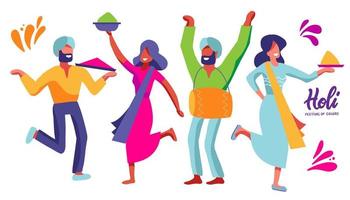 Set of indian dancers of the festival of colors. Carnival women and men characters. Design element for holi party. Vector flat illustration.