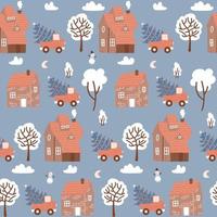 Seamless pattern with Winter houses for Christmas and Red retro pickup with a fir tree. Christmas fabrics and decor. Flat vector hand drawn illustration.