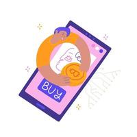 A male collector really wants to buy a digital painting. Technology of selling NFT tokens for cryptocurrency. Buyer holding bitcoin in hands. Flat hand drawn Vector illustration.