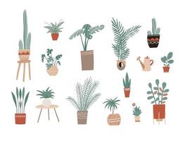 gran conjunto con planta de casa dibujada a mano, flores en maceta, planta de follaje verde y lata de agua romántica. plantilla para web, tarjeta, afiche, pegatina, pancarta, invitación, boda. ilustración vectorial dibujada a mano vector