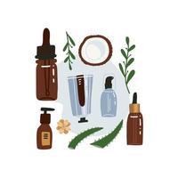 Organic cosmetics top view vector flat illustration isolated on a white background. Glass bottles and metal tube with plants, flower and aloe.