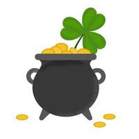 Saint Patrick's Day composition design with big clover leaf and gold coins in a cauldron. Vector flat textured illustration.