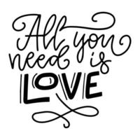 Inspirational valentine s day message - All You Need Is Love - in black text on white background. sentimental vector card design