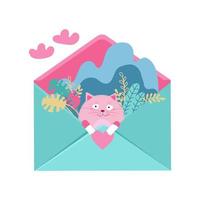 Loving cat fall in love sitting in envelope with heart for Valentine s Day. Vector flat illustration character design.