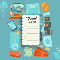 Packing list, travel planning concept. Preparing for vacation, travel, journey, trip. Noteboot sheet with Baggage, air tickets, passport, wallet, camera, palm leaves. Top view Vector flat illustration