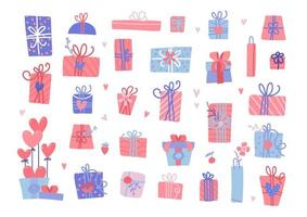 Set of different Valentine s day presents. Isolates wrapped gift boxes with hearts. Greeting card template. Hand drawn flat vector illustration