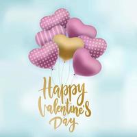 un montón de globos aerostáticos de color rosa y dorado que vuelan en el cielo. tarjeta de felicitación del día de san valentín feliz con qoute de letras a mano - día de san valentín feliz. ilustración vectorial realista. vector