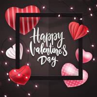 Happy Valentines Day hand lettering, with glitter lights garland, volume red hearts, square frame . Vector illustration in realistic 3d style on black background