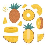 conjunto de piñas grandes: piña entera, ananas y partes, hojas, rodajas, núcleo, gotas de jugo. colección de imágenes de frutas. elementos gráficos de diseño plano. ilustración vectorial aislado sobre fondo blanco vector