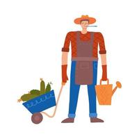 Happy young gardener man with a wheelbarrow and watering can on a white background. Vector illustration in a trendy flat style.