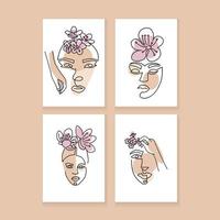 Set of Abstract minimalistic A4 posters with Women faces with Cherry Flowers. Vector fashion illustration of the female heads in trendy linear style. Elegant art for posters, tattoos, t-shirts prints