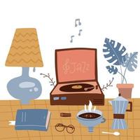 Winter cozy types of retro rest - vinyl records, book reading by the lamp, tea. A phonograph stands on a checkered tablecloth. Table with potted plant and turntable for vinyl record player vector